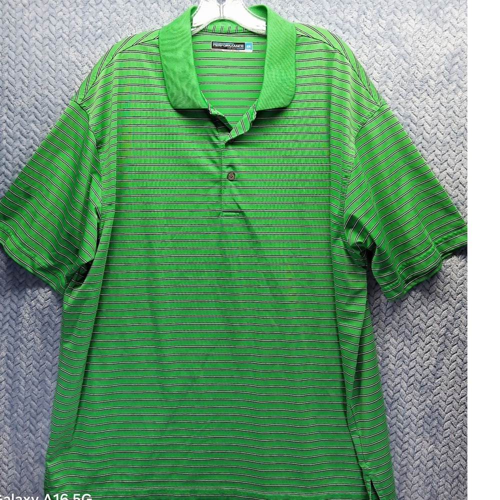 Roundree & Yorke Performance Green Striped Polo Shirt Mens 2X Golf Short Sleeve